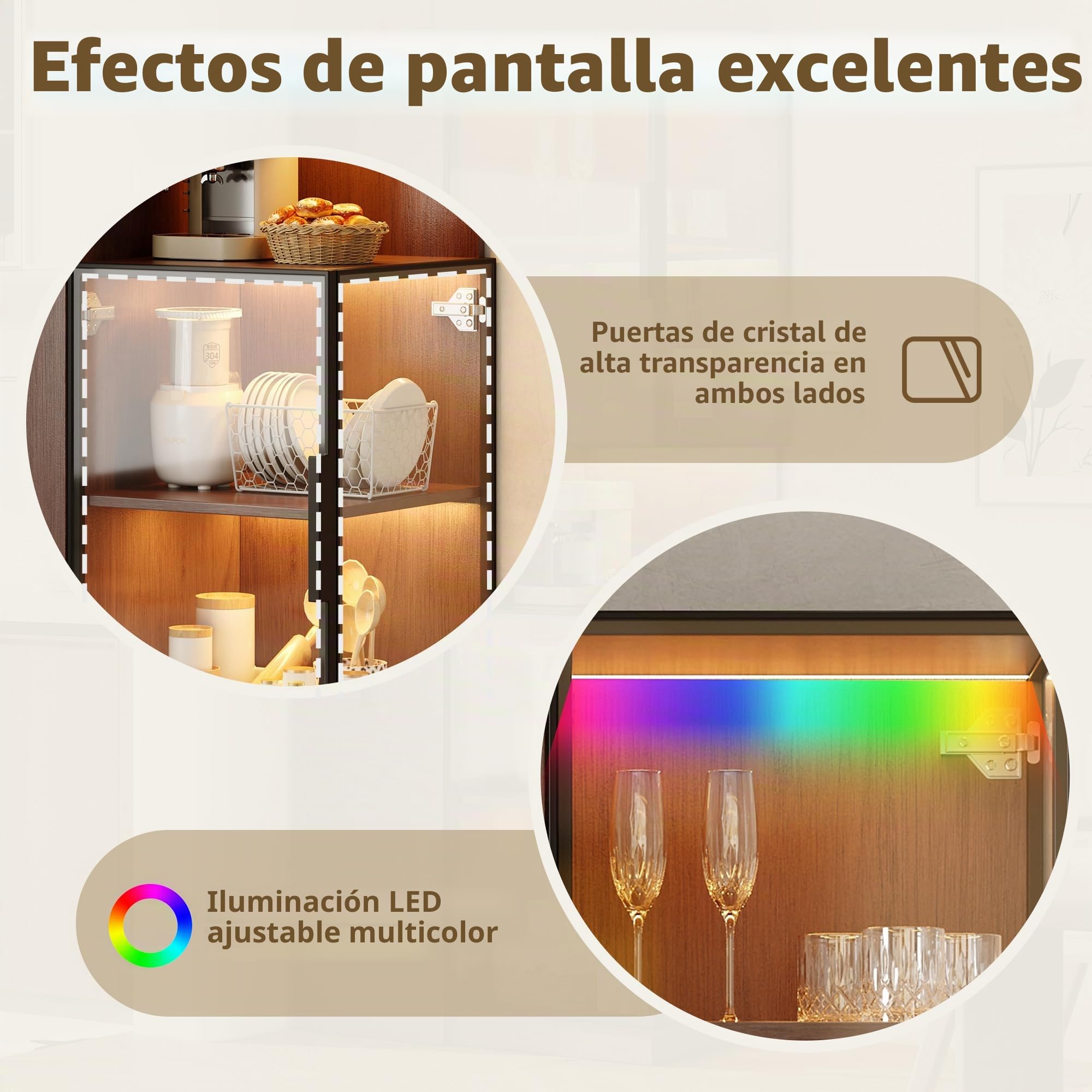 Vitrina con estante extensible – vitrina de doble cristal LED MDF nogal vitrina de cristal y almacenamiento armario alto multifuncional para salón, comedor, cocina, marrón