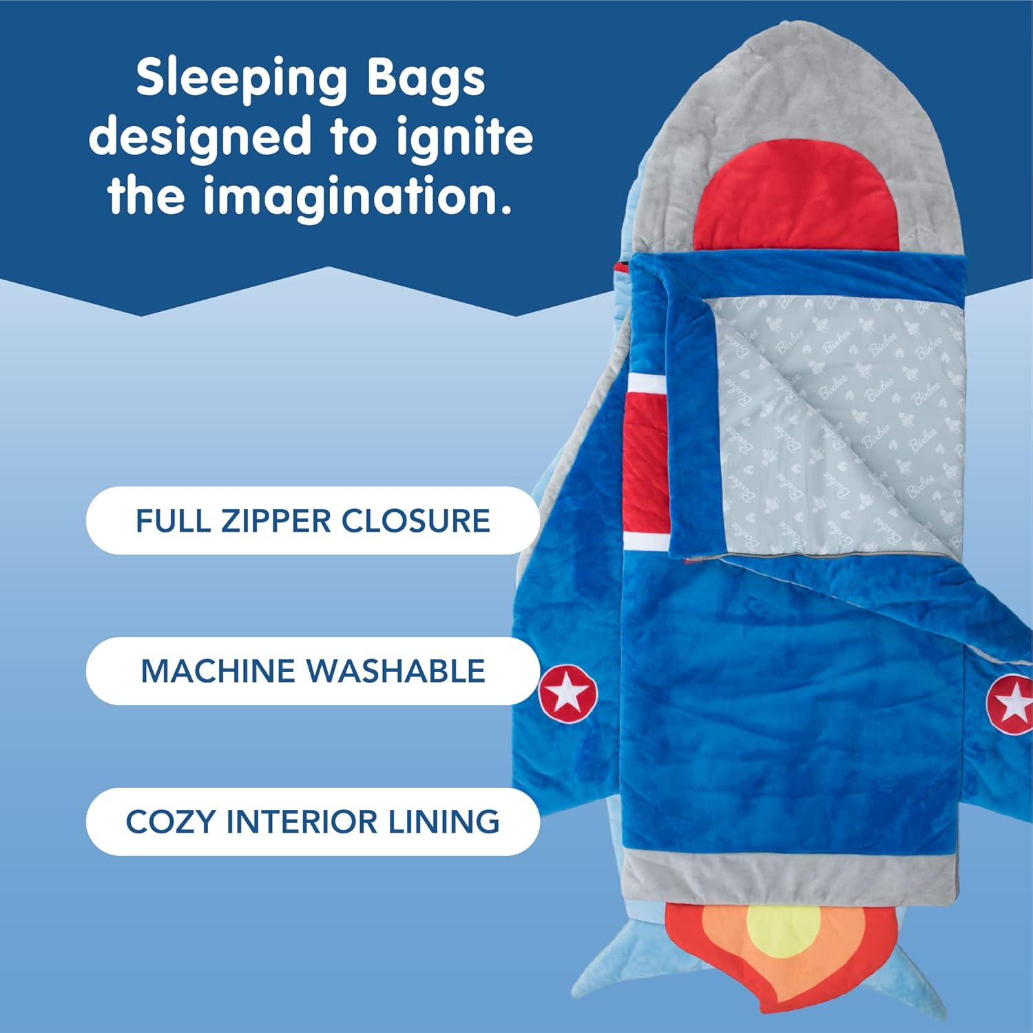 Bixbee Kids Sleeping Bag, Soft Sleepy Sack for Kids & Toddlers | Easy Roll Up Design for Daycare + Naptime, 60 x 22 Inches | Cozy Slumber Bag with Lining | Rocket Sleeping Bag for Boys + Girls