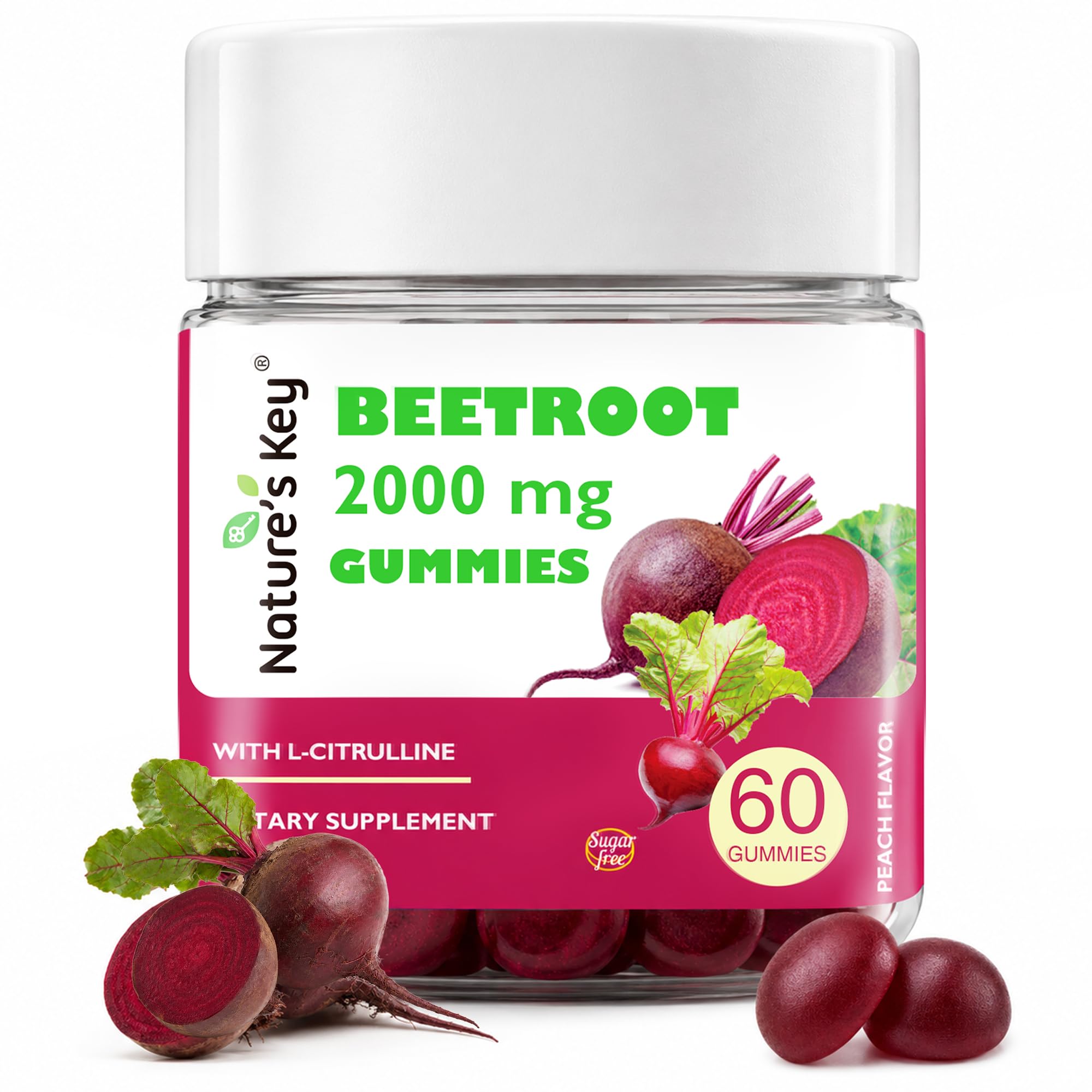 Nature's Key Gomas de Beterraba com Extrato de Beterraba, Espinheiro-alvar e L-Citrulina 500 mg, 60 gomas