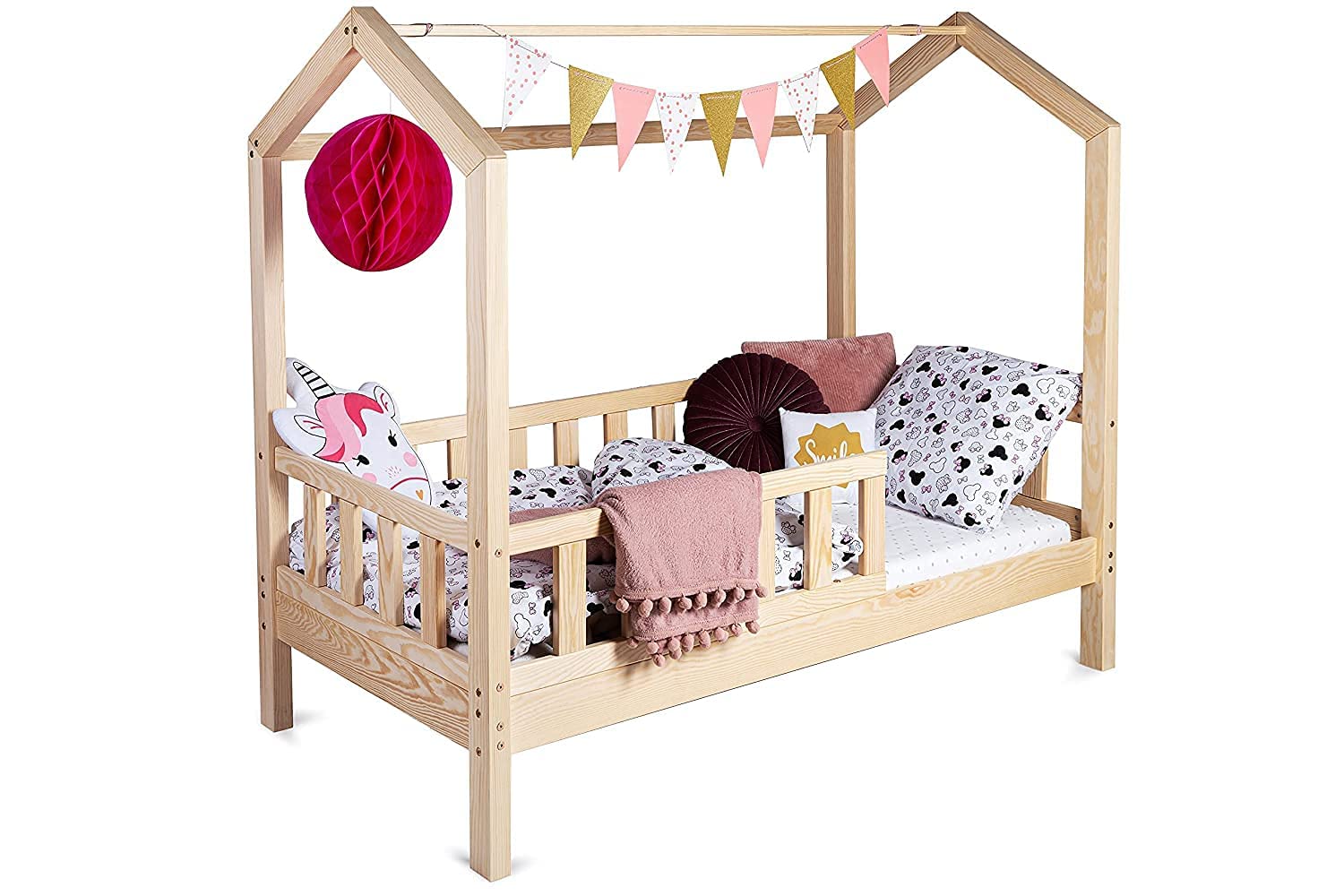 Latternost Lit pour Enfant 70 x 140 cm - Cadre de Lit en Bois de Pin avec Protection Anti-chute