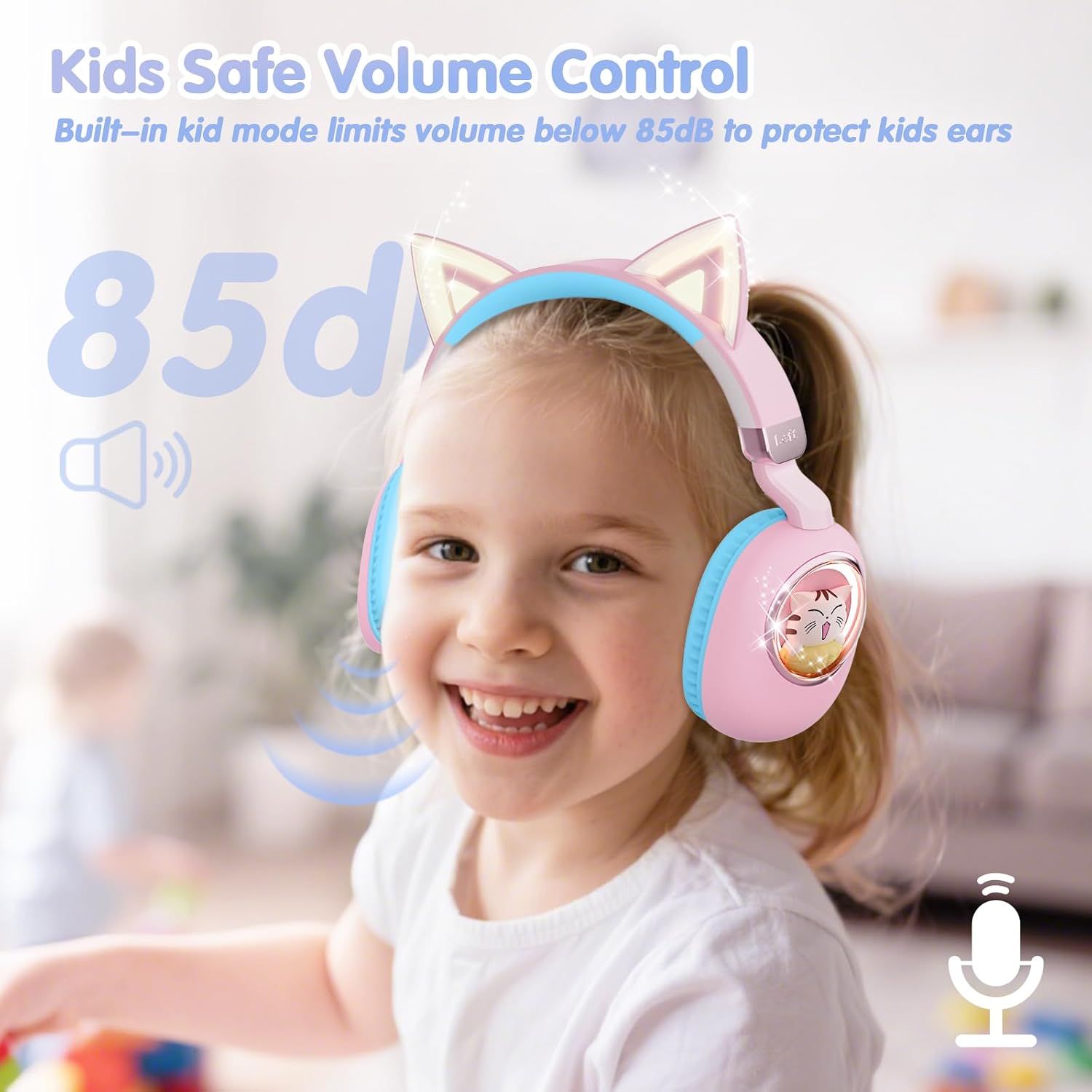 Kids Headphones Bluetooth 5.4 - Cat Ear LED Light Up Noise Cancelling Wireless Headphones with Mic, 85dB Volume Limited, Wired & Wireless Mode for Travel/School/iPad