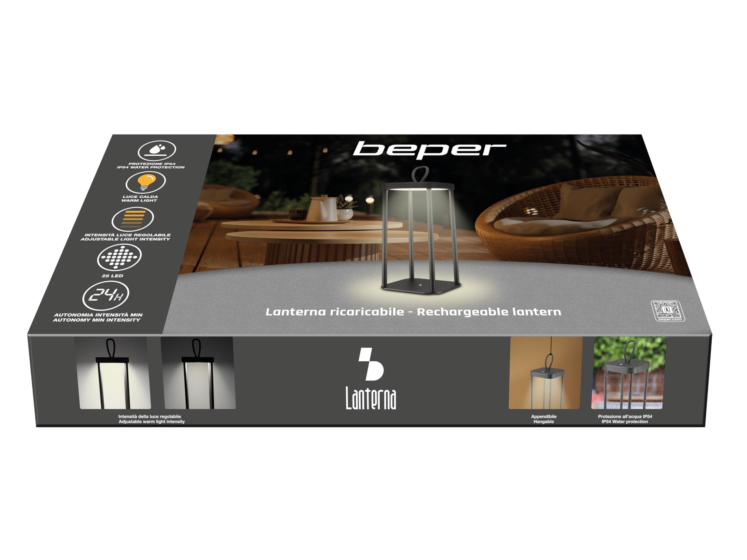 BEPER P207ILI100 Lampada da Tavolo LED Senza Fili, Luce LED Calda, Intensità Regolabile, Lampada da Esterno e Interno Ricaricabile, IP44, USB Type-C Inclusa, Autonomia 12 Ore