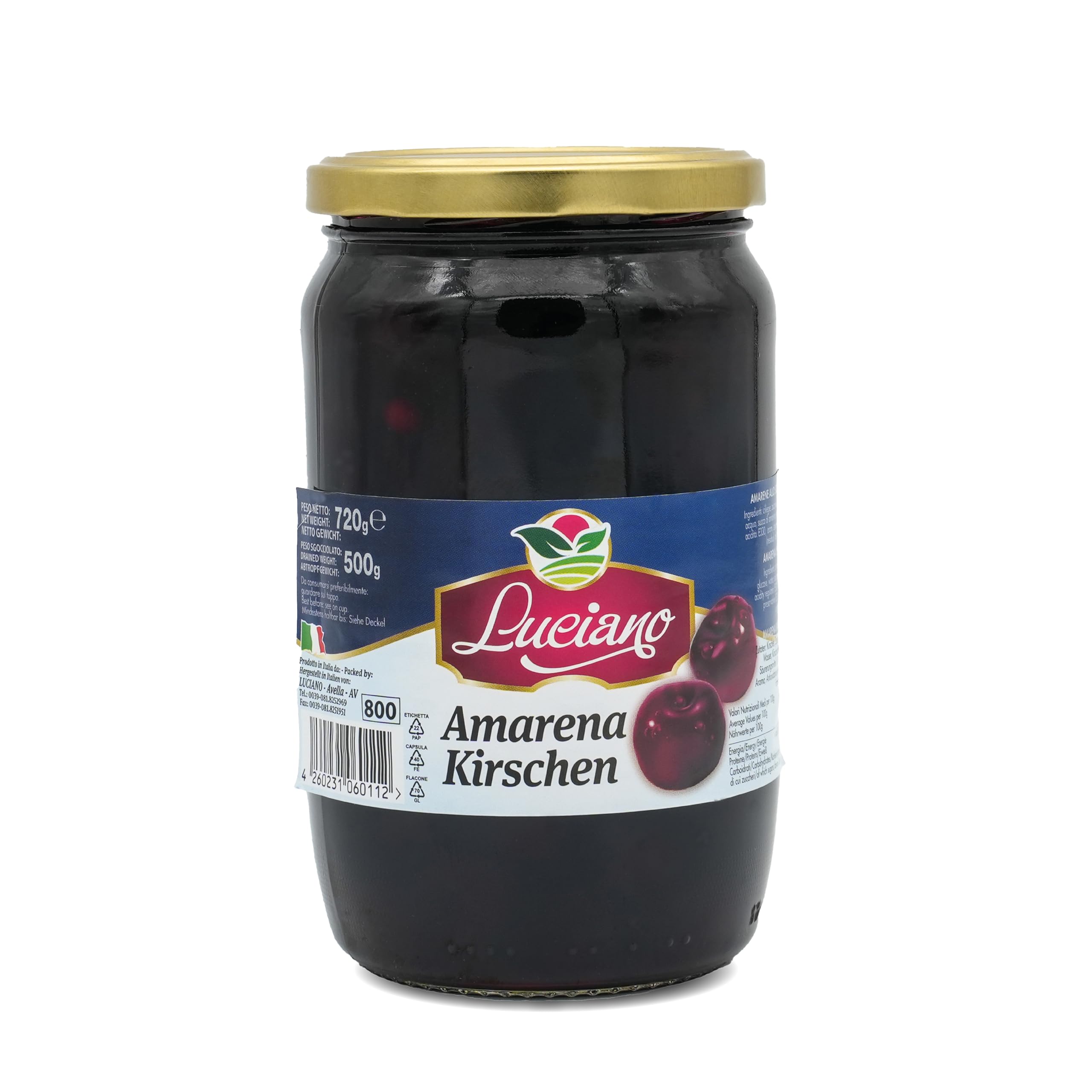 Luciano Amarena Kirschen 500g, entkernte Sauerkirschen im Glas, Maraschino Kirschen, Perfekt für Cocktails und Desserts