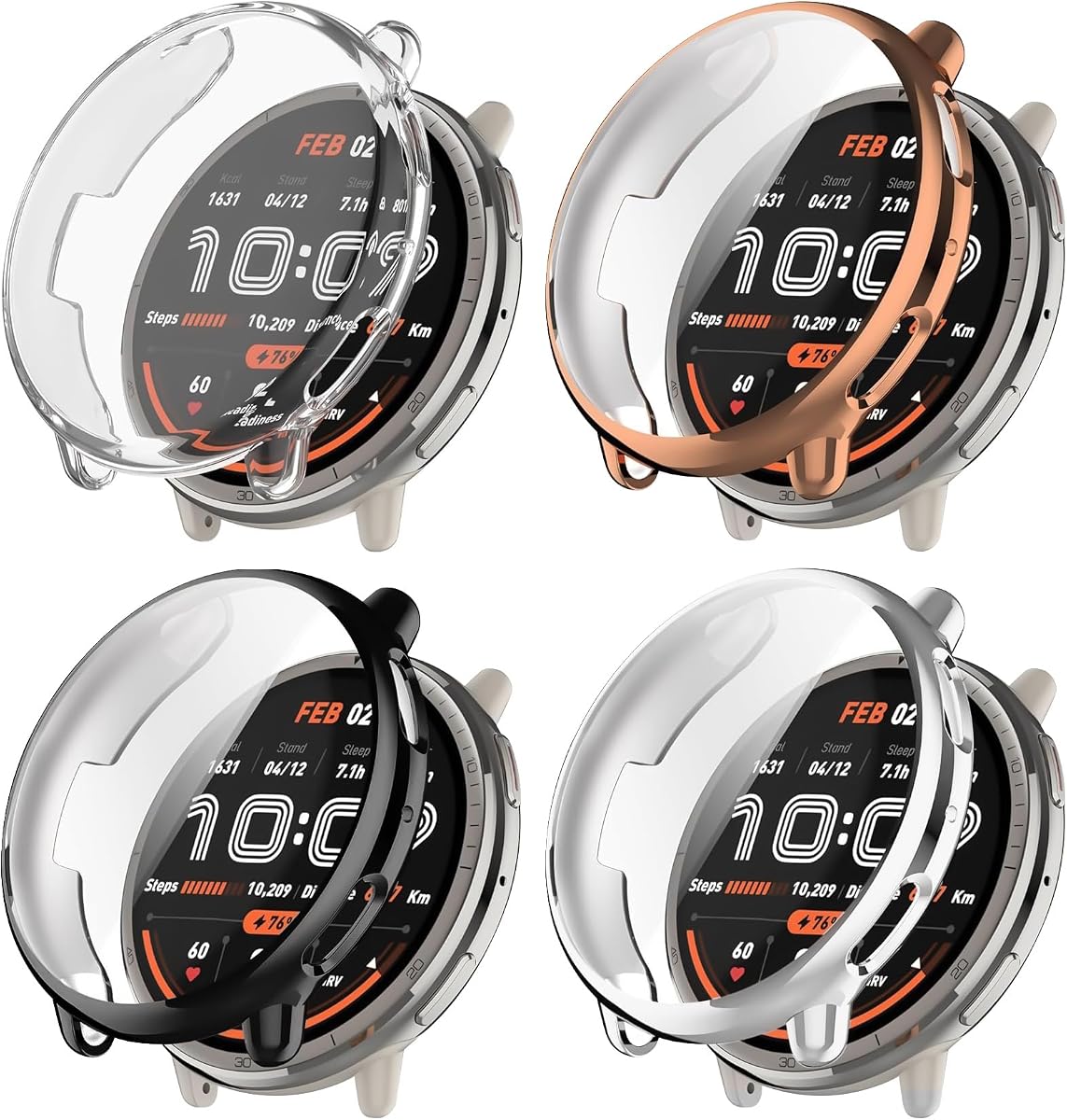 Screen Protector Case Compatible with Amazfit Active 2 Smart Watch, 4-Pack Soft Flexible TPU Cover HD Screen Protector Anti-Scratch Shell for Amazfit Active 2 (Clear+Black+Silver+Coppergold)