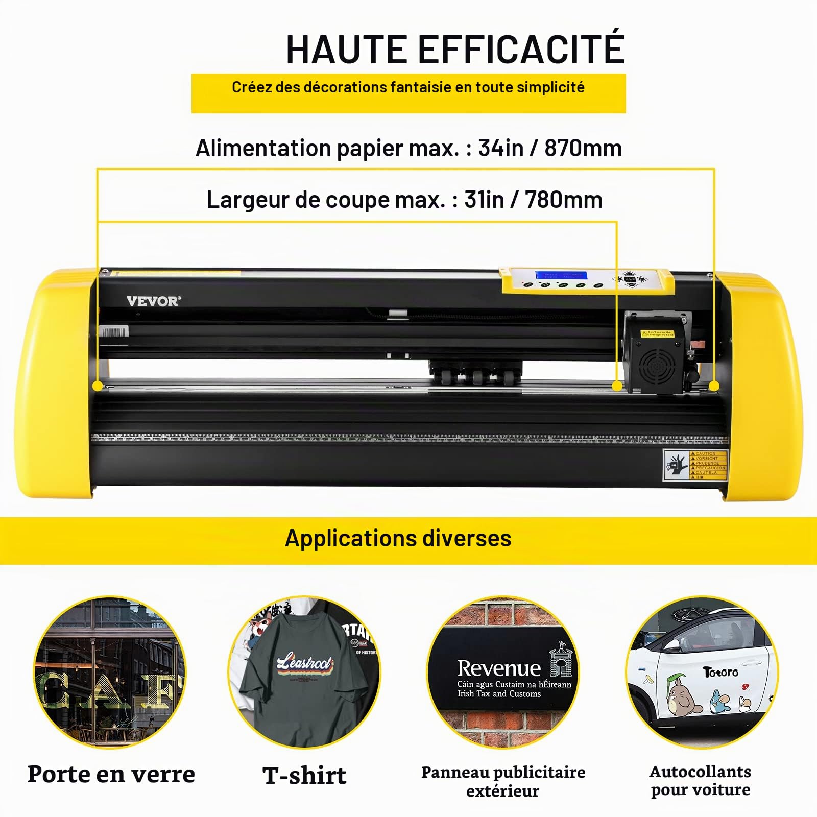 VEVOR Plotter de Découpe Vinyle 870 mm, Traceur de Coupe pour l'Impression de Vinyle, Découpe Automatique des Contours de Caméra, Écran LCD, Force et Vitesse Réglables, Compatible avec Windows