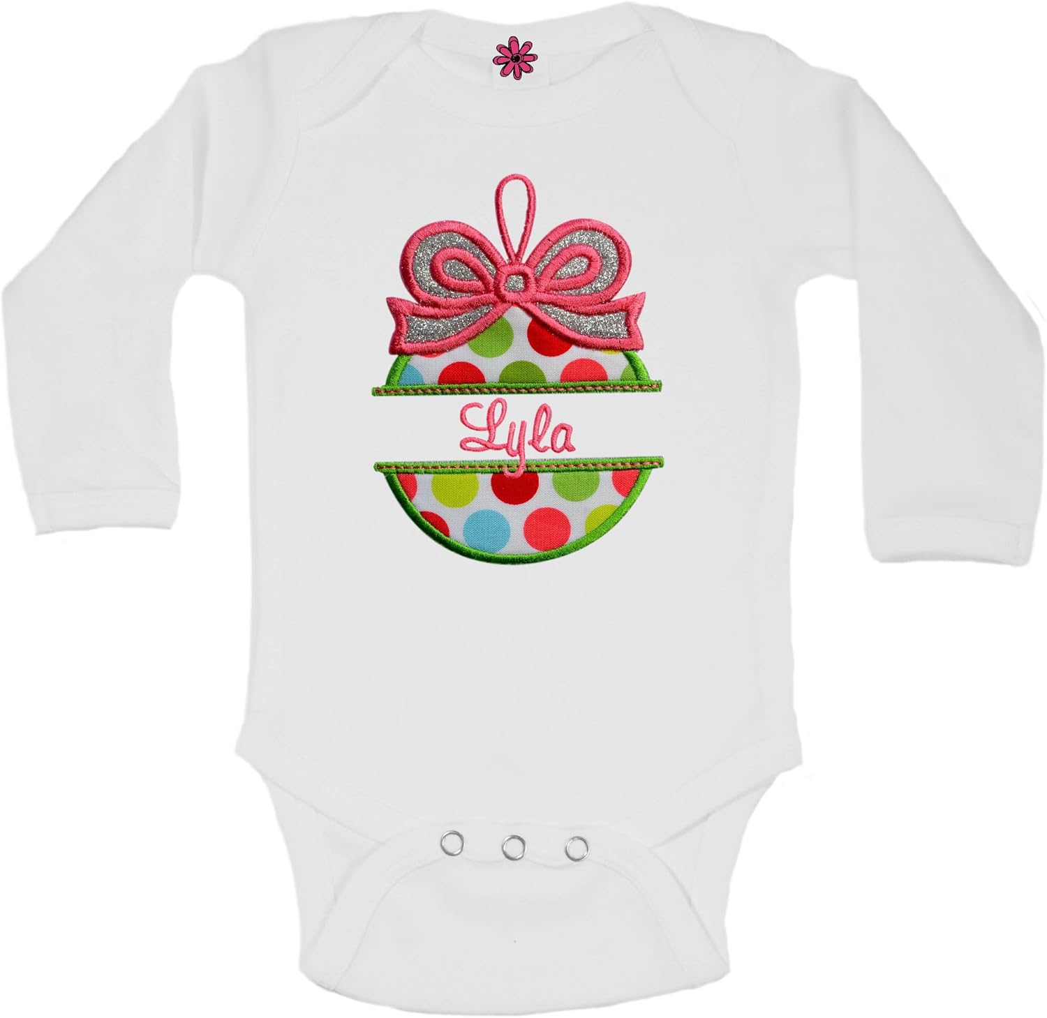Funny Girl Designs Personalized Christmas Ornament Bodysuit with Embroidered Name for Baby Girls