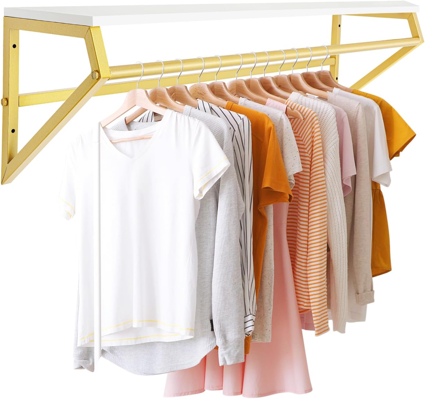 Clothes Rack with Top Shelf Wall Mounted Garment Rack 41 in Space Saving Display Hanging Clothes Rack Multi-Purpose Clothing Hanging Rod for Shops Homes, White and Gold