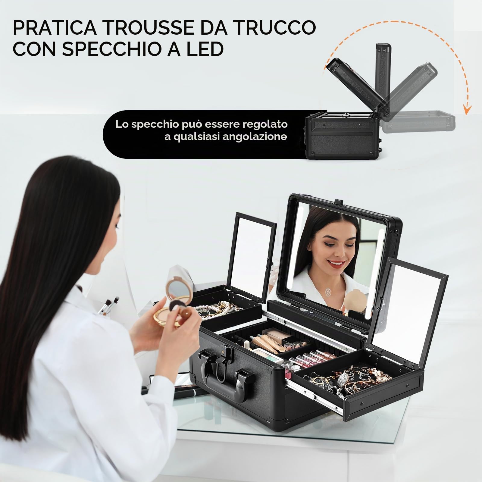 Custodia per trucco da viaggio con specchio a LED Vanity Case con specchio Custodia per trucco Scatola per trucco Divisori regolabili Vassoi pieghevoli per la conservazione dei gioielli, Nero opaco