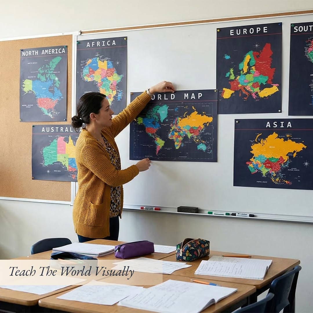 Lot de posters avec carte du monde et carte des États-Unis – Décoration murale éducative pour salle de classe – Continents bleus – Affiches d'aide à l'apprentissage visuel pour enfants et écoles –