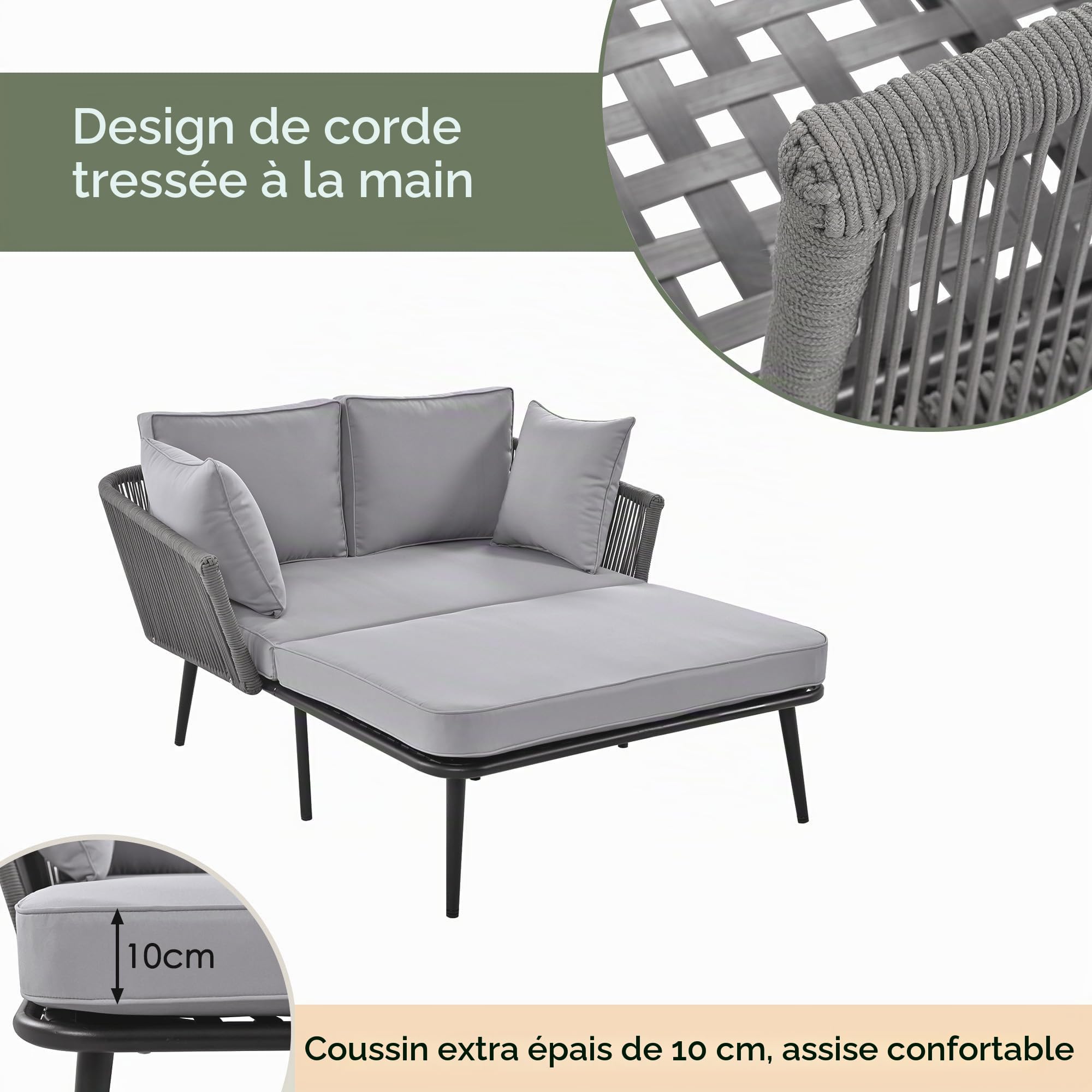 Transat Jardin Exterieur, Bain de Soleil Double, Lit de Jardin avec Coussins Épais 10 cm, Ensemble Salon de Jardin pour Terrasse, Balcon, Piscine, Gris