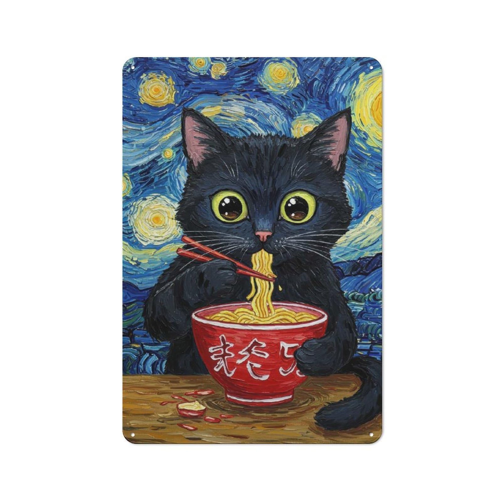 Junmoney Black Cat Eating Ramen Style Metal Sign 30X20cm With For Hallway Wall, Retro Decor, Autumn Home Decor For Collectors Of Metal Signs