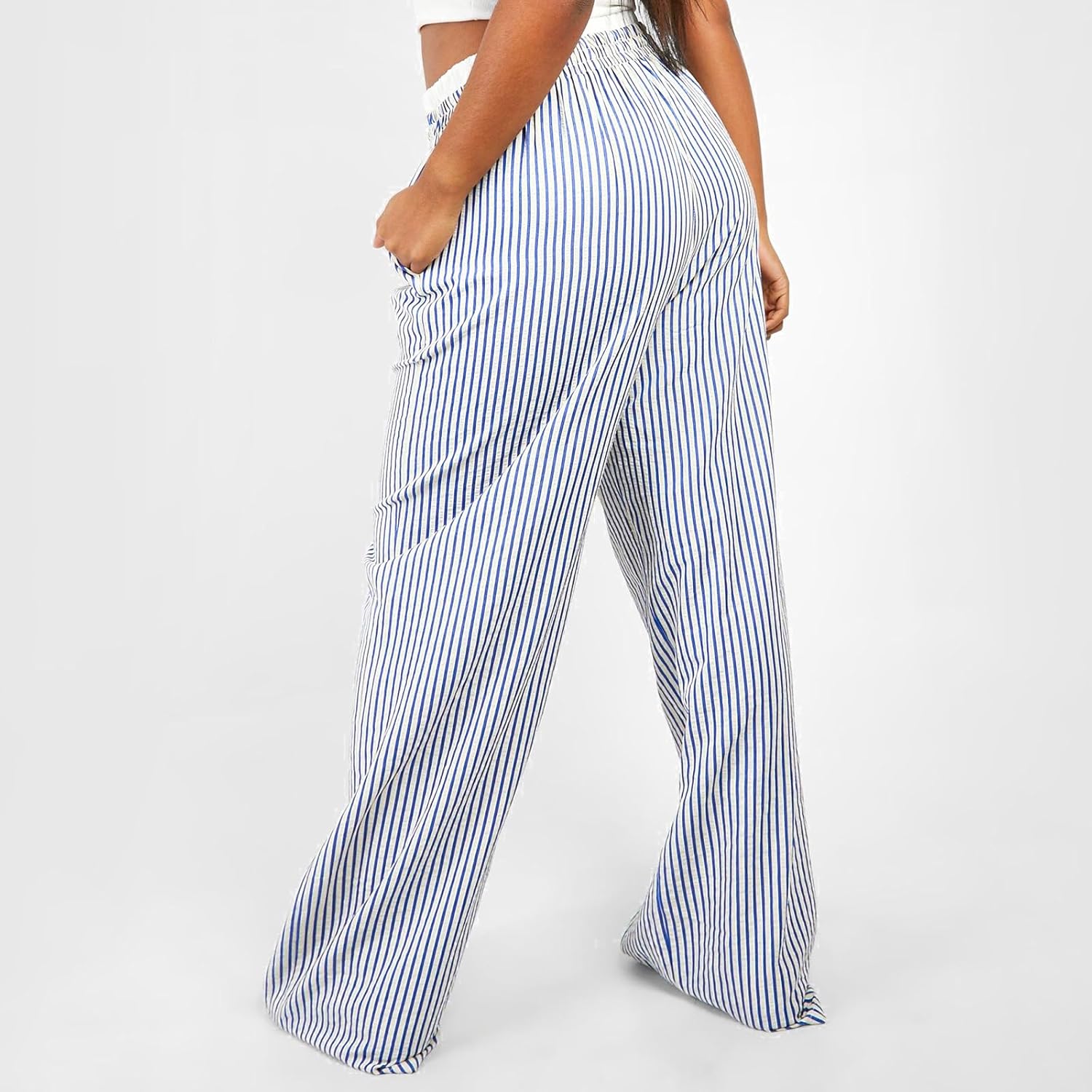 Owl's-Yard Women Y2K Stripe Print Pants Elastic Waist Dreawstring Wide Leg Trousers Striped Casual Lounge Pants with Pockets - Image 5