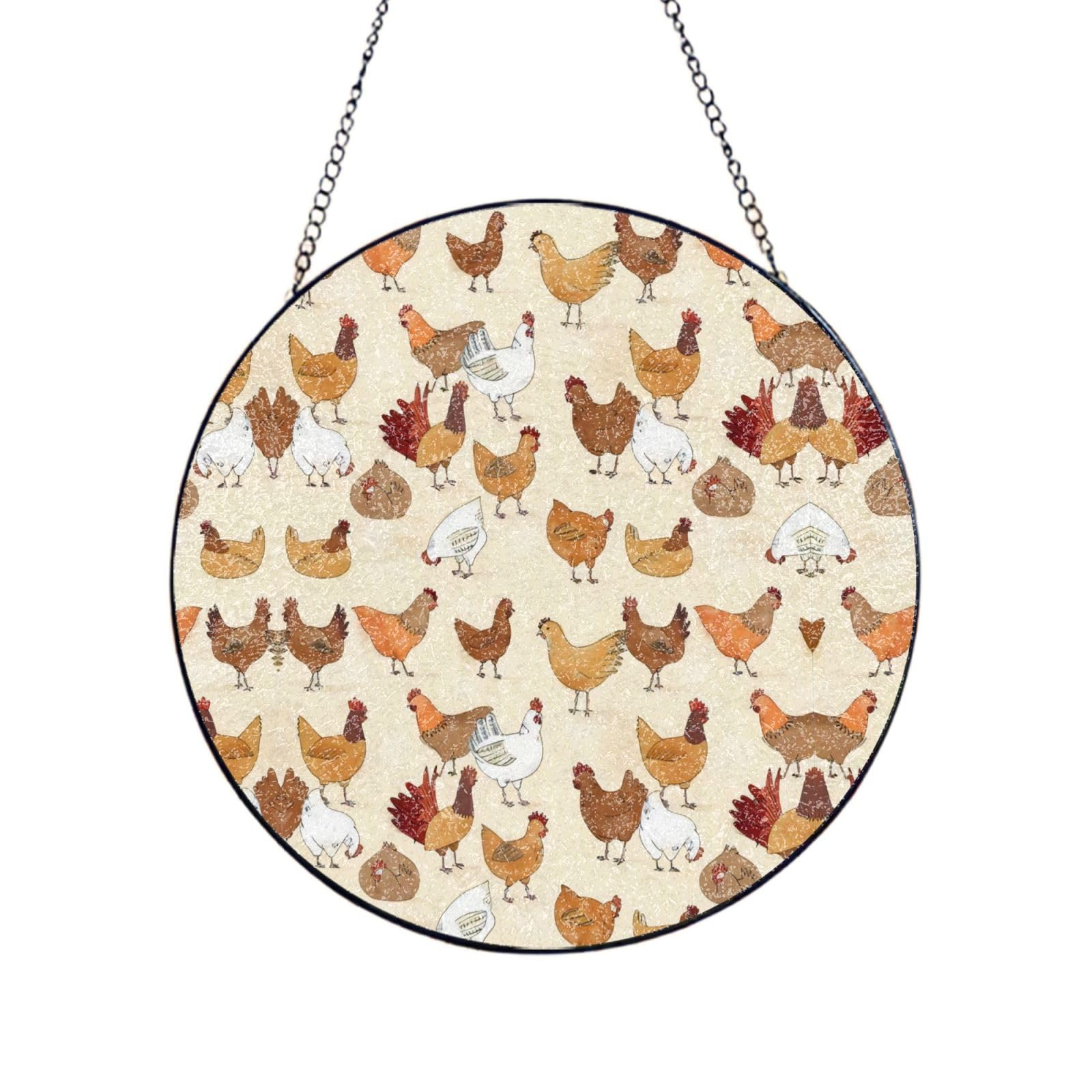 Phayah A Brood Of Chickens Print Glass Window Hanging Round Suncatcher Glass Ornament Garden Wall Fence Decorations Indoor Outdoor 8in（20cm）