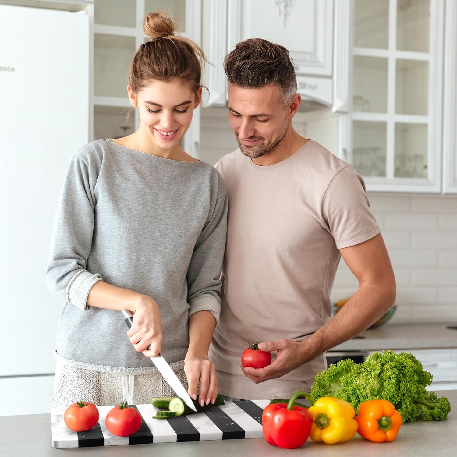 Patelai Marble Cutting Board for Kitchen Multi Purpose Striped Marble Board with Leather Tie 6 x 16 Serving Tray Stone Checkered Cutting for Kitchen Easy to Clean