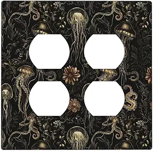 Decorative Outlet Covers Black Gold Jellyfish Squid Deep Sea Creatures 2 Gang Outlet Cover Wall Plate Double Duplex Light Switch Cover Plate Switch Plate Covers for Bedroom Decor