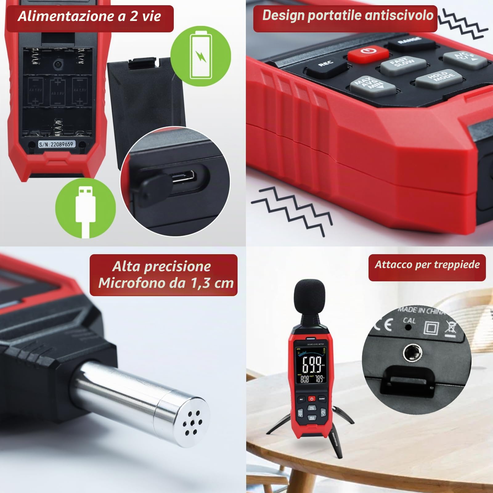 Decibel Meter con registrazione dei dati Sound Decibel Meter Data Logger, 30 ~ 130dB Misuratore di livello sonoro con allarme visivo acustico, misuratore del suono con dati di esportazione,