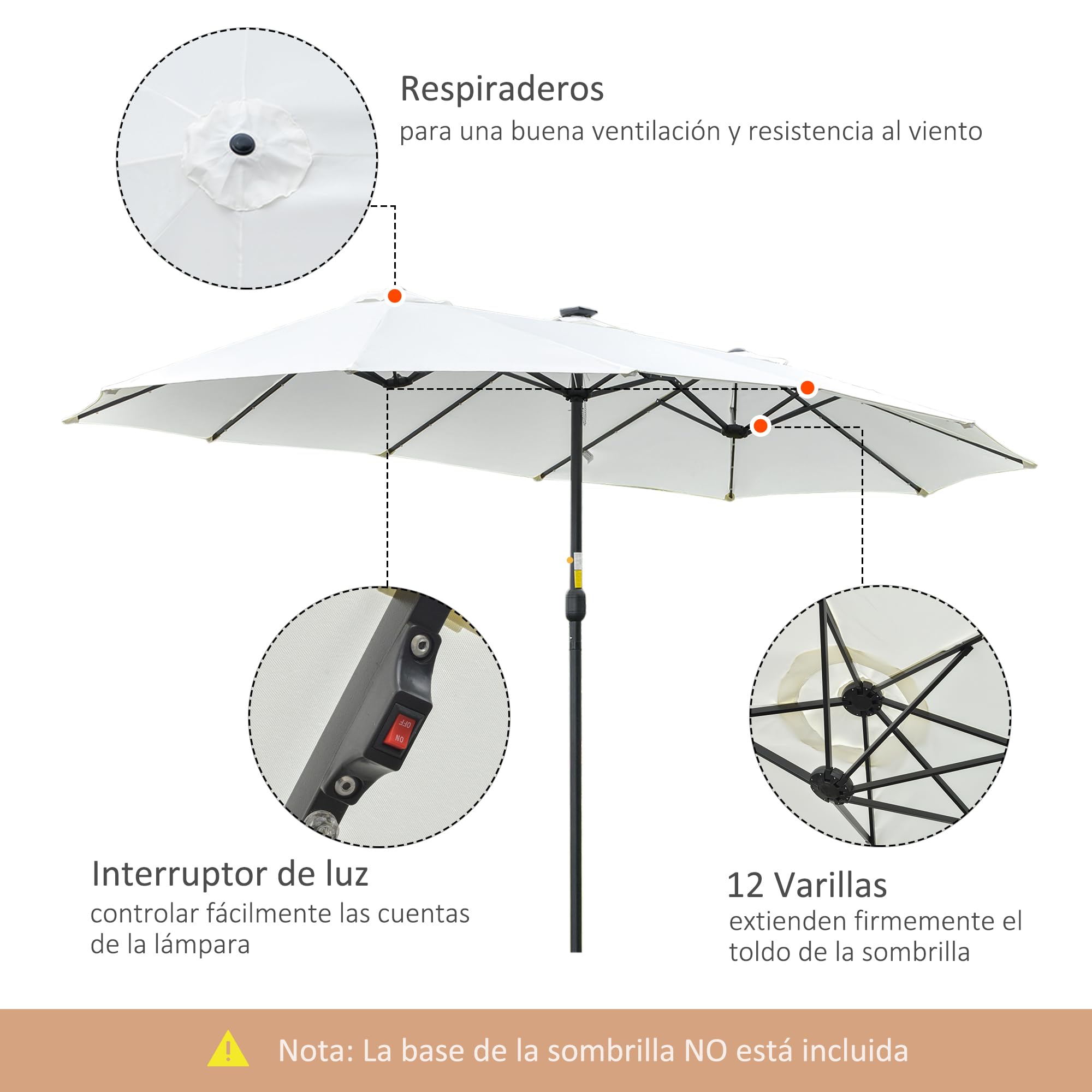 Outsunny Sombrilla Doble 4,5x2,7 m con 48 Luces LED Manivela | Sombrilla Terraza Exterior, Resistente al Agua y Protección Solar, Parasol para Jardín, Terraza, Patio y Piscina, Grandes