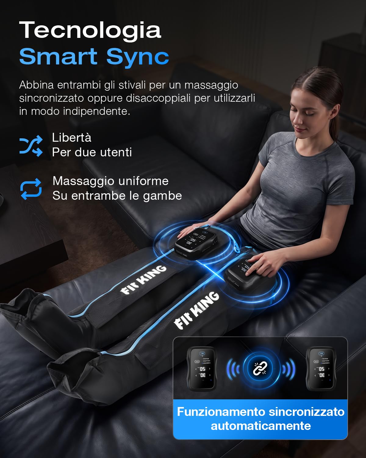 FIT KING Massaggiatore Gambe Senza Fili Sincronizzazione Bluetooth (S) | Pressoterapia Gambe 5 Zone di Compressione, Batteria 3-6h, 12 Intensità, Sollievo Dall’edema, Riduzione dei Dolori Muscolari