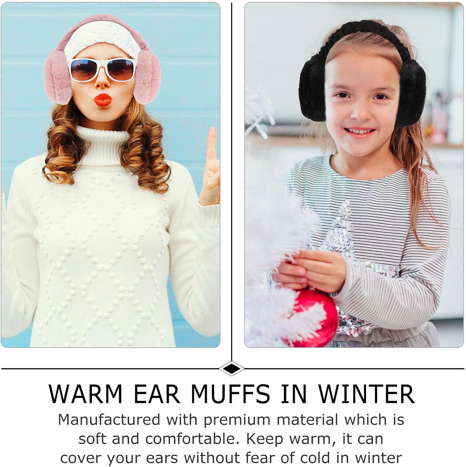 Abaodam 2Pcs Solid Plush Winter Earmuffs Foldable Ear Warmers for Women Men Cold Weather Protection Outdoor Use Pink and Black