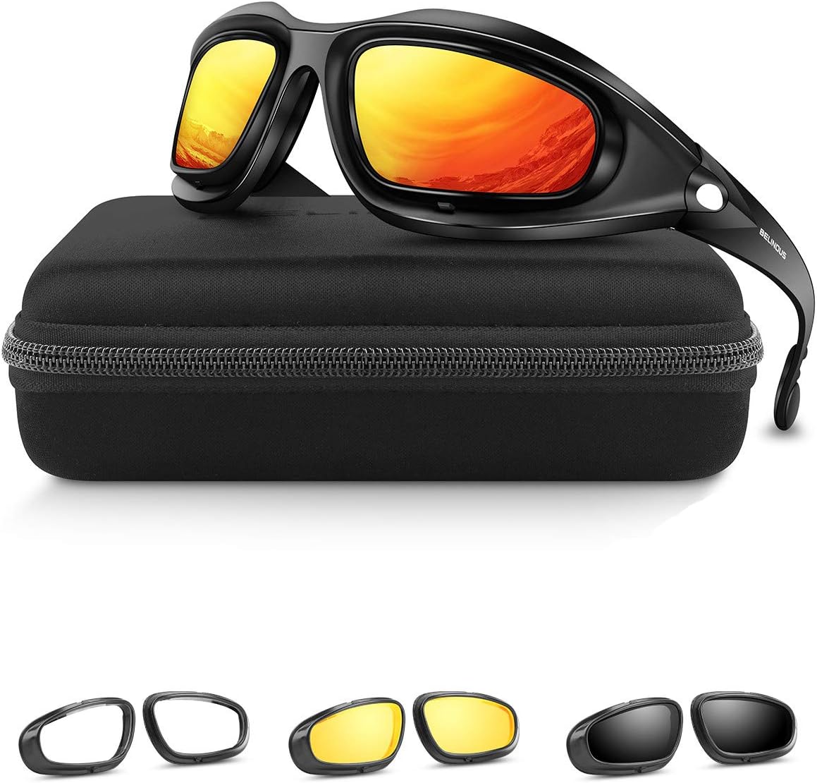 BELINOUS Safety Glasses, Polarized Motorcycle Riding Glasses Goggles Sunglasses Accessory for Men Women, 4 in 1 Copper Smoke Clear Yellow Lenses, Black Frame, Cycling Driving Hunting Fishing Shooting