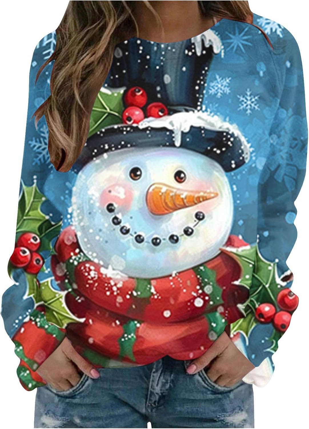 Womens Cute Funny Snowman Print Sweatshirt Fall Winter Fashion Christmas Loose Fit Long Sleeve Pullover Tops