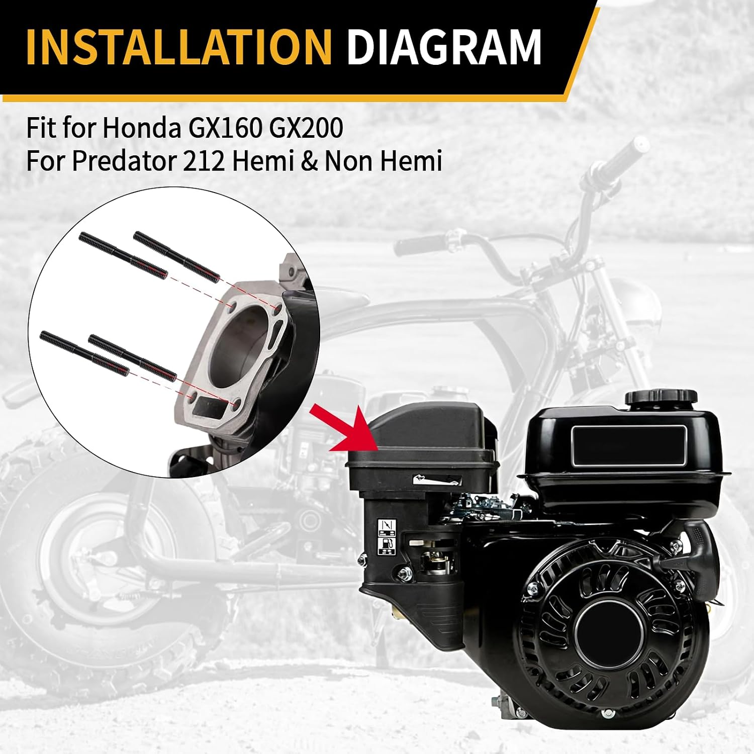 High Performance Cylinder Head Studs Head Bolts Kit for Predator 212 Performance Parts for Honda GX200 GX160 Alloy Steel Studs with High Strength Thickened Flange Nuts for CT200U for Tillotson 196-225