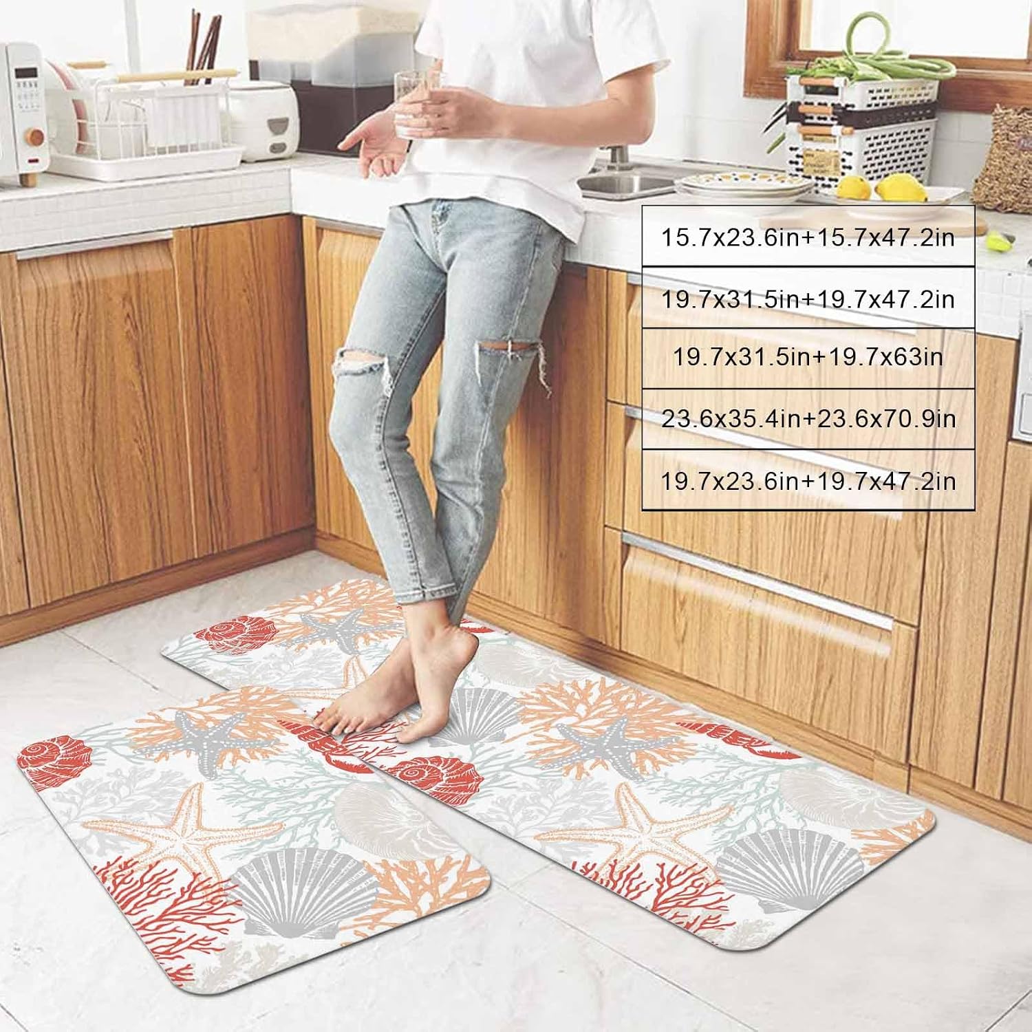 Summer Marine Life Kitchen Mats Set of 2 Graffiti Corals Shell Sea Conch Gray Starfish Non Slip Mat Washable Floor Rug for Kitchen Sink Floor Laundry, 19.7"x31.5"+19.7"x47.2"
