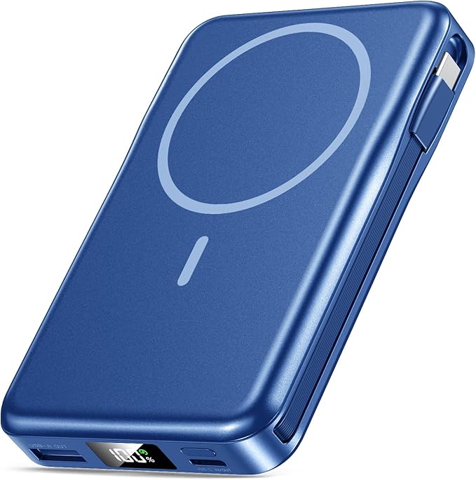 Magnetic Portable Charger, 10000mAh Power Bank, 5 in 1 Portable Charger with Built in Cable, 20W Fast Charging for Magsafe Battery Pack Compatible with iPhone 17/16/15/14/13/12 Pro/Pro Max-Black