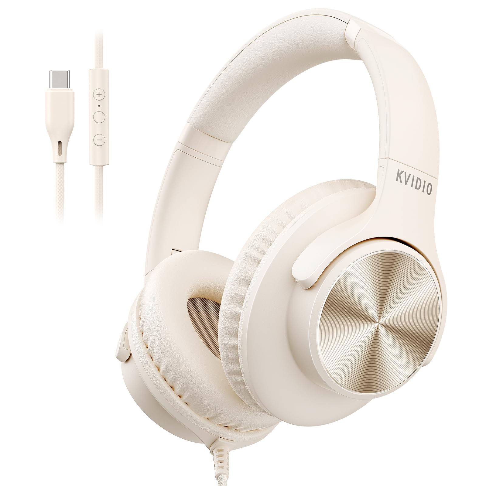 USB C Wired Headphones with Mic, Volume Control, Over-Ear for School, Beige