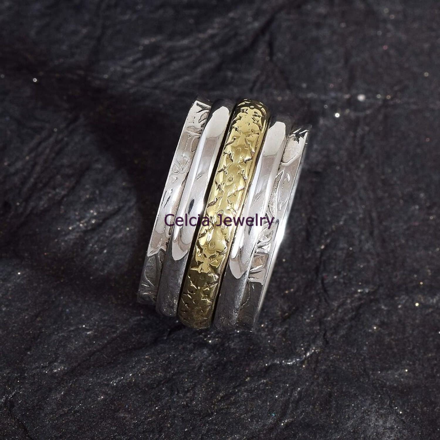 Gehämmerter 925 Sterling Silber Spinner Ring, Spinner Ring für Frauen, Einzigartiger handgemachter zweifarbiger Meditationsring für Sie, Ihn, Angst Brautjungfern Ring, Angst Ring