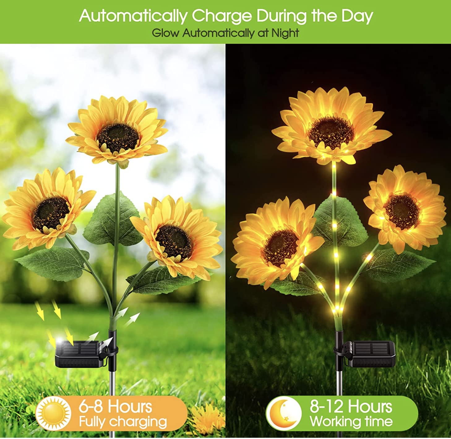Luci solari per esterni, luci a LED a forma di girasole, IP67, impermeabili, per giardino, cortile, patio, passerella, set da 4 pezzi con 8-10 ore di illuminazione