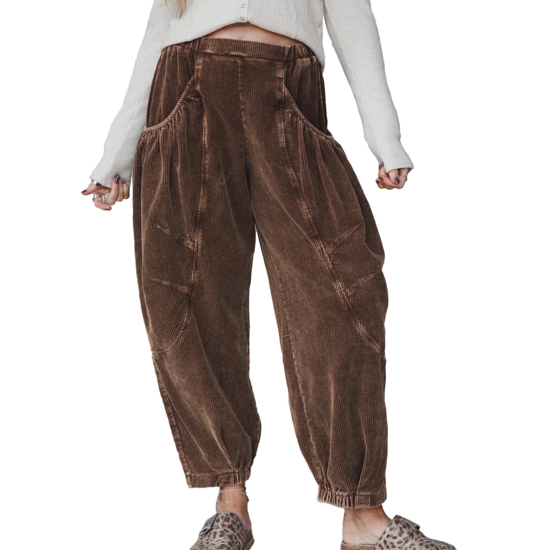 Corduroy Barrel Pants Women Baggy Elastic High Waisted Joggers Casual Boho Fall Fashion Trousers with Pockets