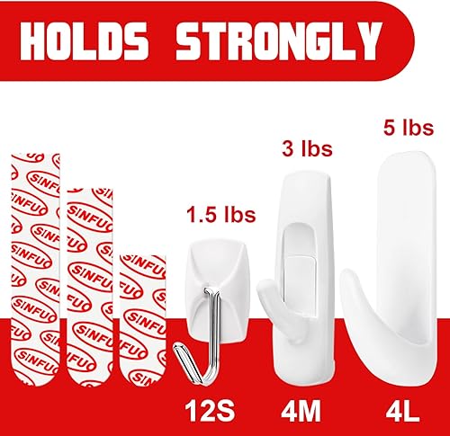 Miniatura 3 de Paquete variado de 20 ganchos para colgar, ganchos adhesivos de pared resistentes con 20 agitadores, sin daños, grandes y pequeños ganchos adhesivos