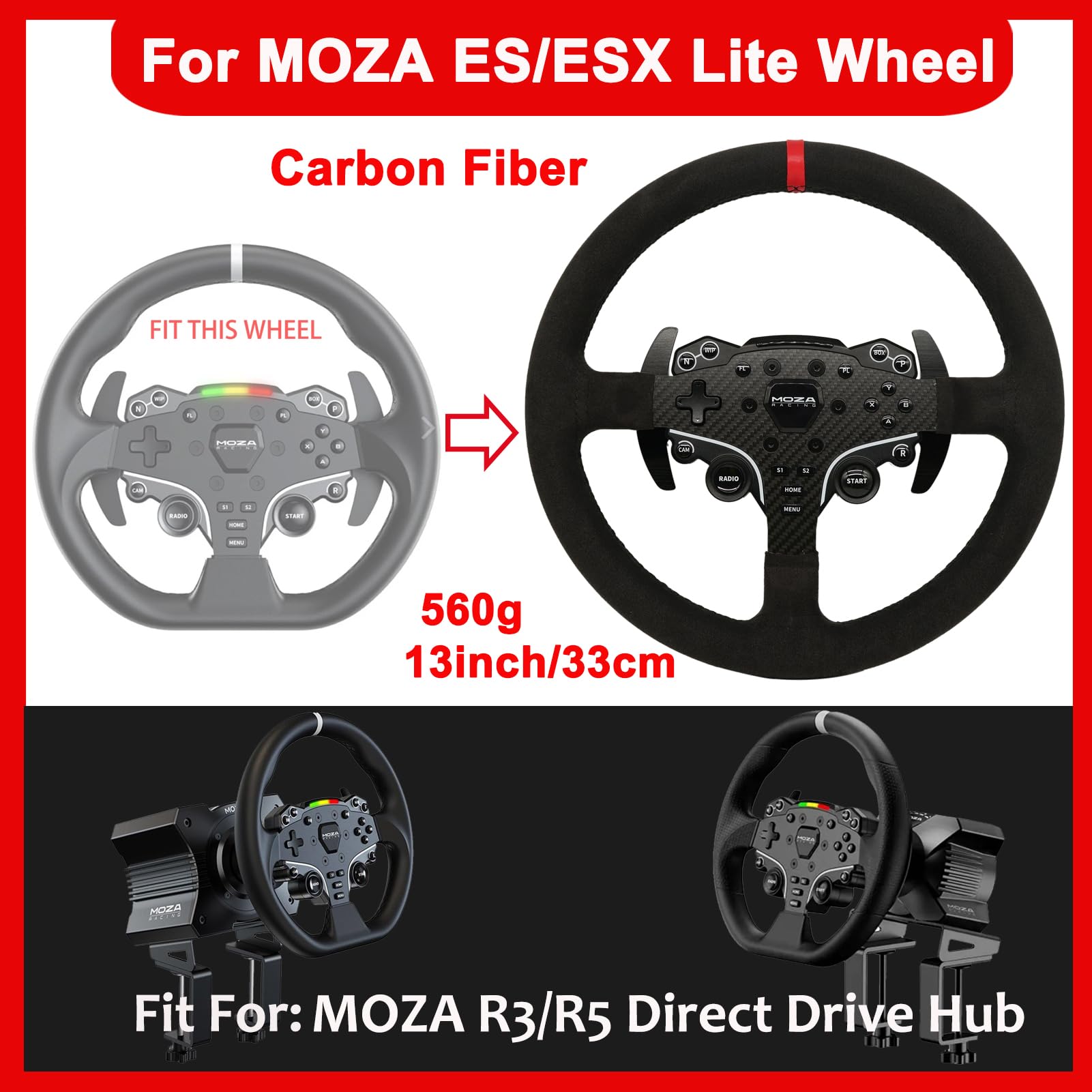 Replace 13 inch Original Carbon Fiber Suede Wheel MOD F1 GT3 GT4 For MOZA ES/ESX Lite Steering Wheel; Leather Sim Racing Hub on R3/R5/R9/R12 Direct Drive Base (13 Inch Suede)