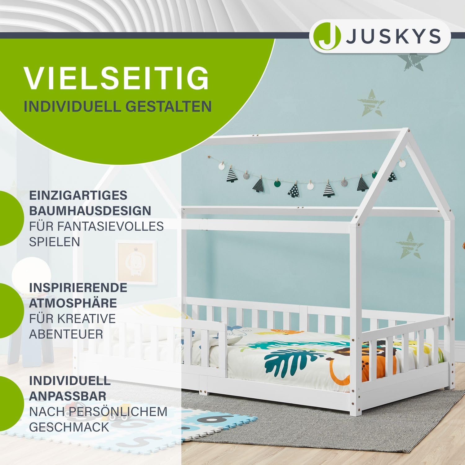 Juskys® Kinderbett Marli 90 x 200 cm mit Matratze, Rausfallschutz, Lattenrost & Dach - Massivholz Hausbett für Kinder - Bett in Weiß