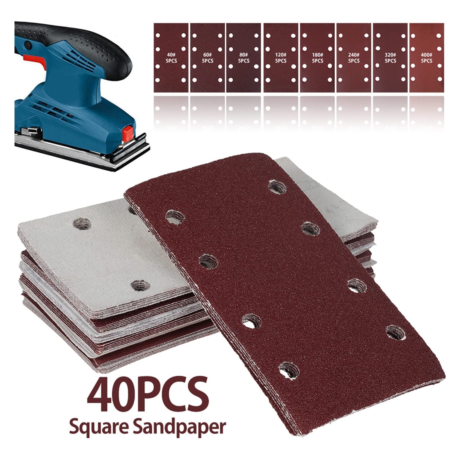 Papel de lija abrasivo ZSBLXHHJD 40 hojas de papel de lija 93x185mm Papel de lija Hook and Loop Pad Punch 8 Hole Rectangular Sandpaper 40-400 Grit (Color : 40PCS)