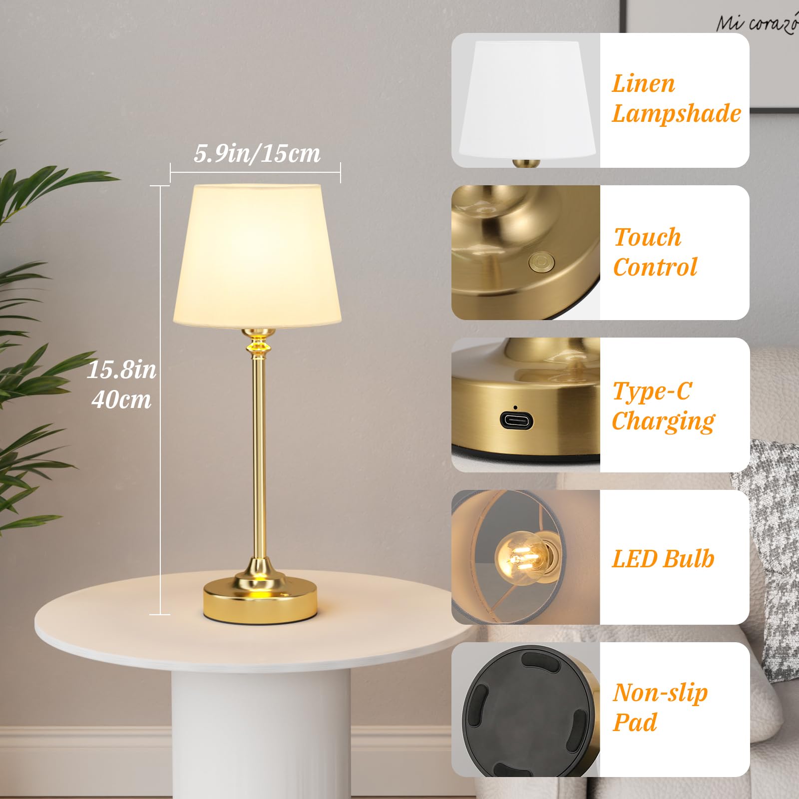 Tischlampe Kabellos 2er Set, Touch LED Nachttischlampe Akku, Stufenlos Dimmbar, Weißer Leinenschirm, Wiederaufladbar Lampe mit USB-C Anschluss für Nachttisch Esszimmer Wohnzimmer(Messing)