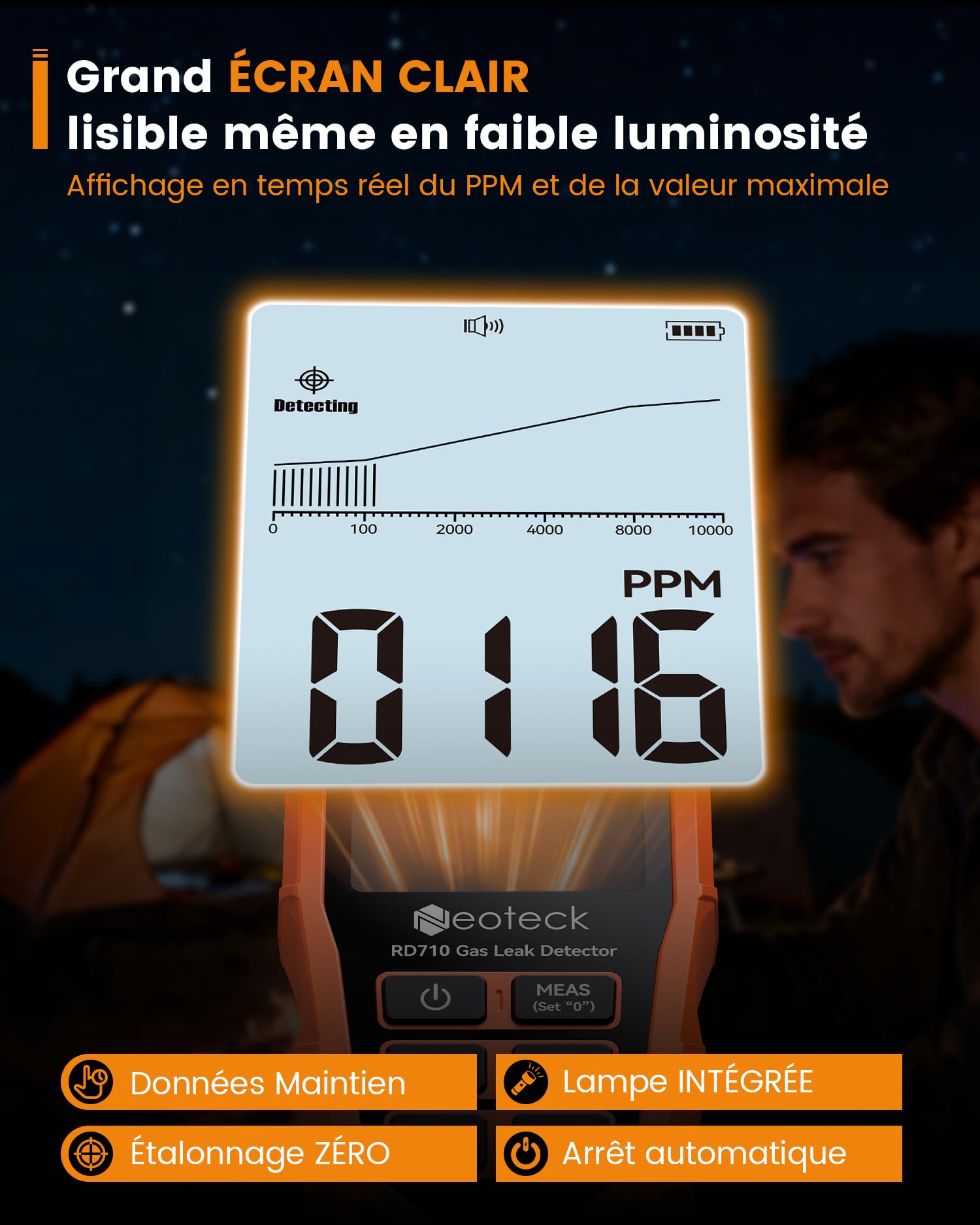 Neoteck Détecteur Fuite Gaz Rechargeable – Gaz Combustible, Méthane, Propane, Gaz Naturel, 0-10000 ppm Écran LCD 2.9'' Haute Visibilité pour Détection Maison Chaudière Cuisine Camping-Car Bricolage