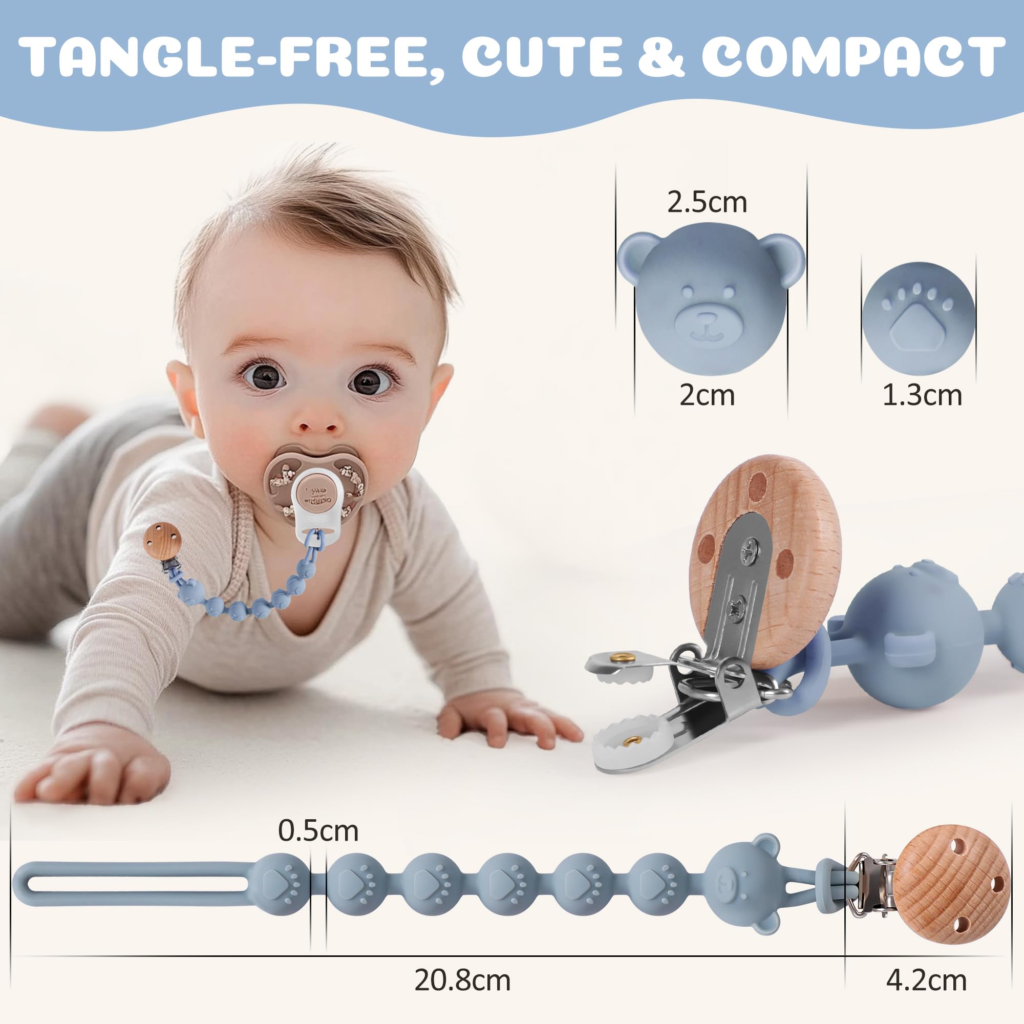 Pack de 3 Attache Tetine Silicone, Attache Sucette avec Une Seule Pièce en Silicone, Accroche Tétine Bebe pour Filles & Garçons, Sans BPA, Élastiques et Robustess (Bleu Sauge Gris Clair)
