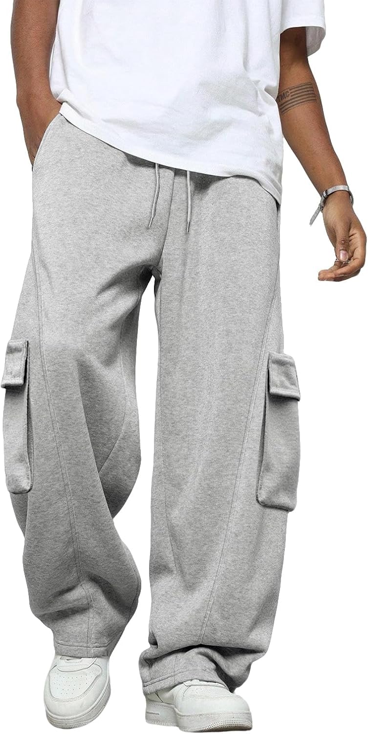 Men's Baggy Sweatpants Heavyweight Fleece Cargo Pants Wide Leg Loose Fit Casual Joggers Sweat Pants for Men with Pockets