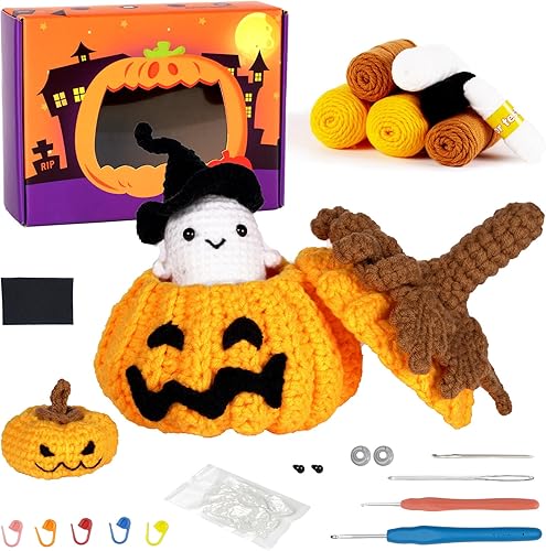Wu Tong Jia Kit de ganchillo para principiantes, Halloween, calabaza, animales, bolsa de caramelos, juego de ganchillo, regalo de bricolaje para