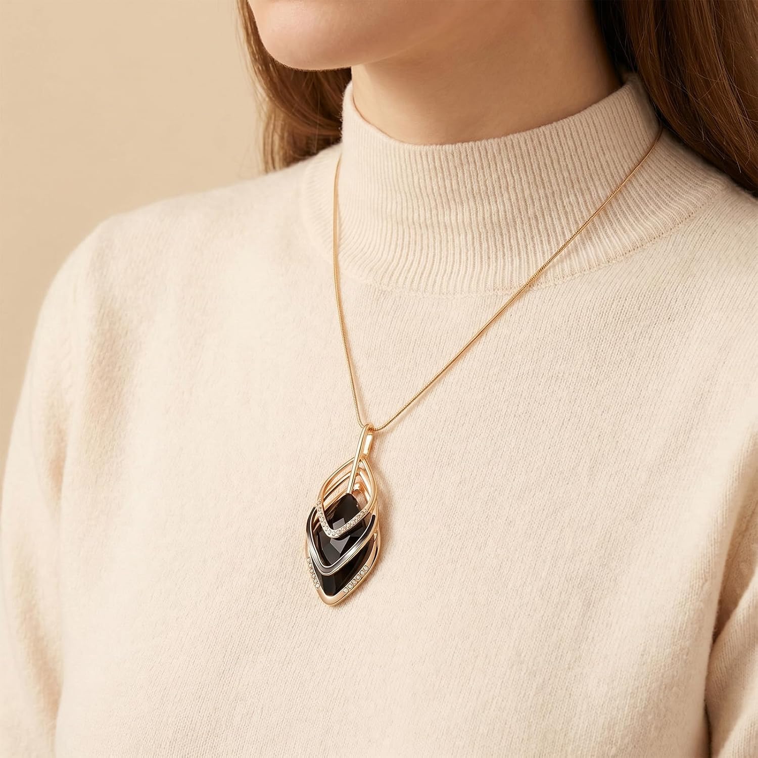 Amabro Gold Long Layer Pendant Necklace Triple Stack Sweater Chain Chunky Statement Necklaces for Women Summer Wedding Prom Fashion Jewelry Pendant Rhombic Elegant Accessories Boho
