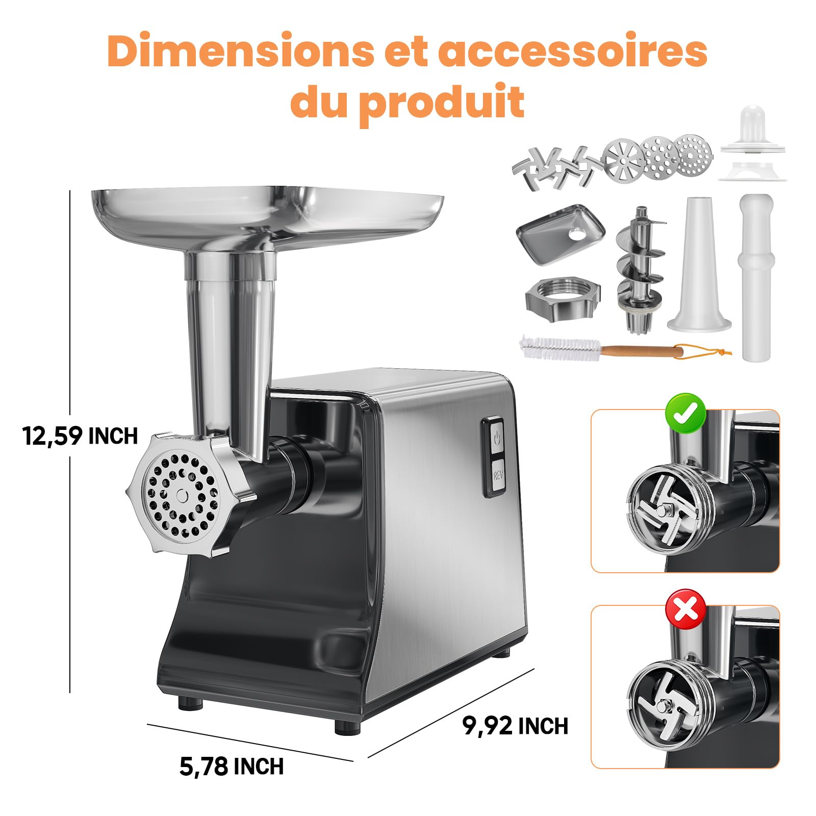 Hachoir à Viande Électrique, 3-en-1 Hachoir a Viande Professionnel [2800W Max] avec 3 Plaques de Broyage en Acier Inoxydable, Kit Kubbe, Tube à Saucisses, 2 Vitesses, pour Usage Domestique