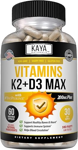 Kaya Naturals Vitaminas K2 con D3 5000IU Suplemento - Suplemento de salud ósea y cardíaca - Suplemento de vitamina K2 MK-7 fácil de tragar -