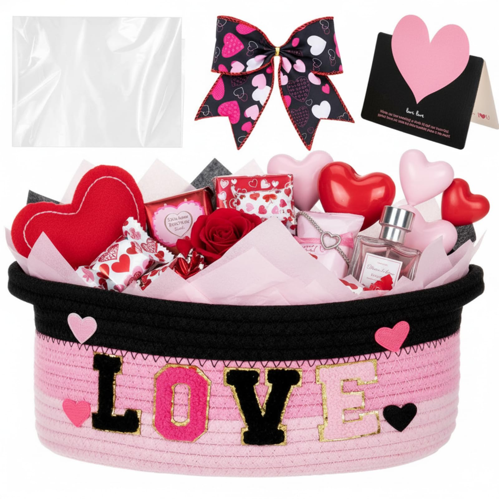 Colingmill Valentine's Day Small Woven Basket with Gift Bag Ribbon Greeting Card, Tissue Paper, Empty Gift Basket "Love" Alphabet Patch Baby Basket for Nursery, 12" x 8" x 5" (Pink, Black)-image-1