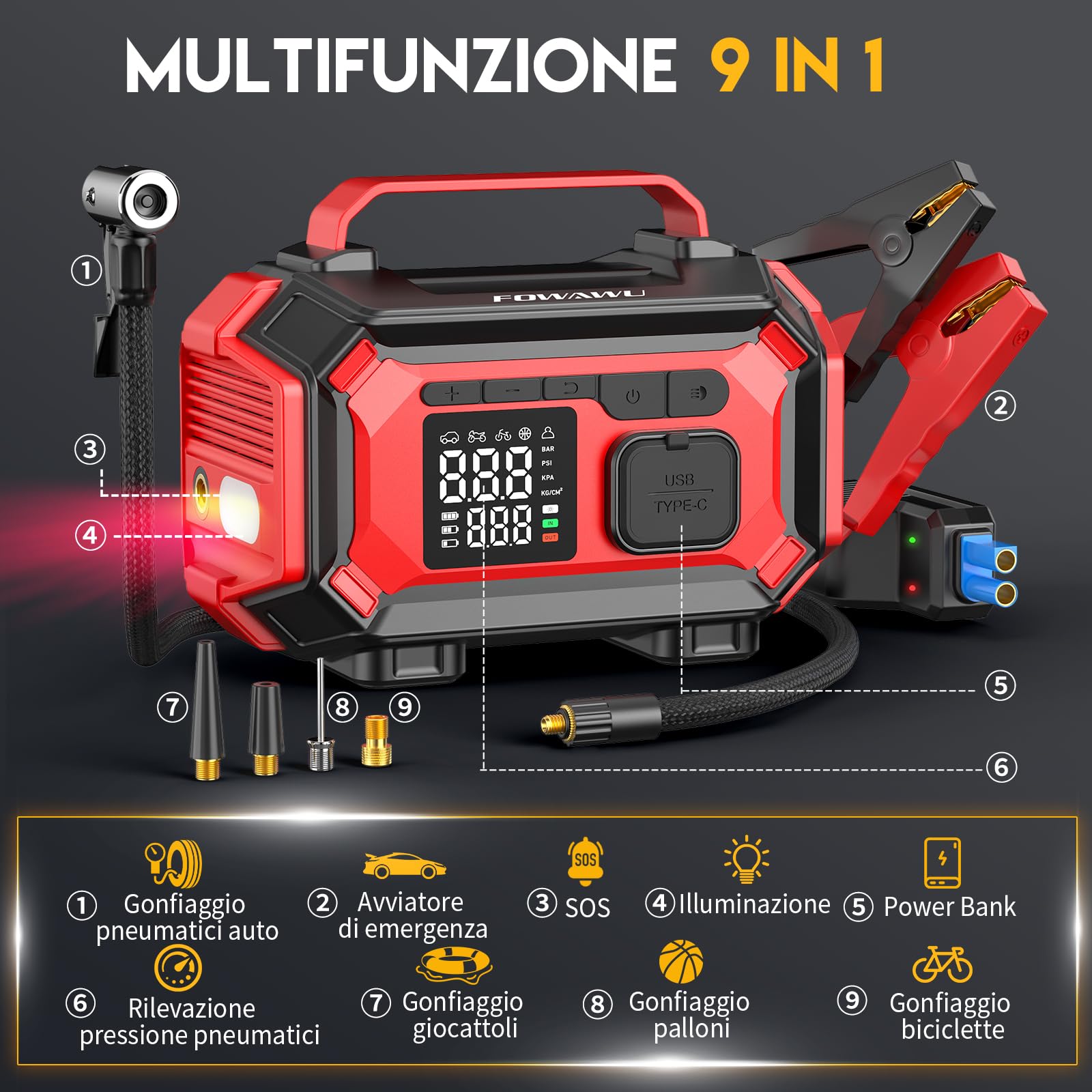 FOWAWU Avviatore Batteria Auto 8000A, Avviatore di Emergenza per Tutti i Benzina e 10L Diesel, con Compressore Aria Portatile 150PSI ad Arresto Automatico, Schermo LCD Grande, Power Bank e Torcia LED
