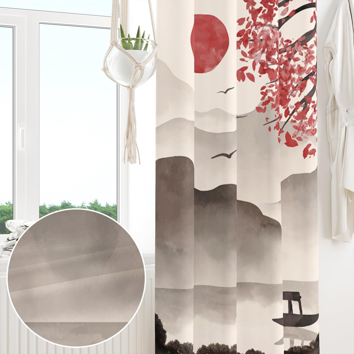 132x214cm Peinture à l'encre Traditionnelle Rideau à œillets Montagne Soleil Arbre Peinture Chinoise Paysage Thermique Séparations Occultant Rideaux pour Chambre Salon Bureau,1 Panneau Simple
