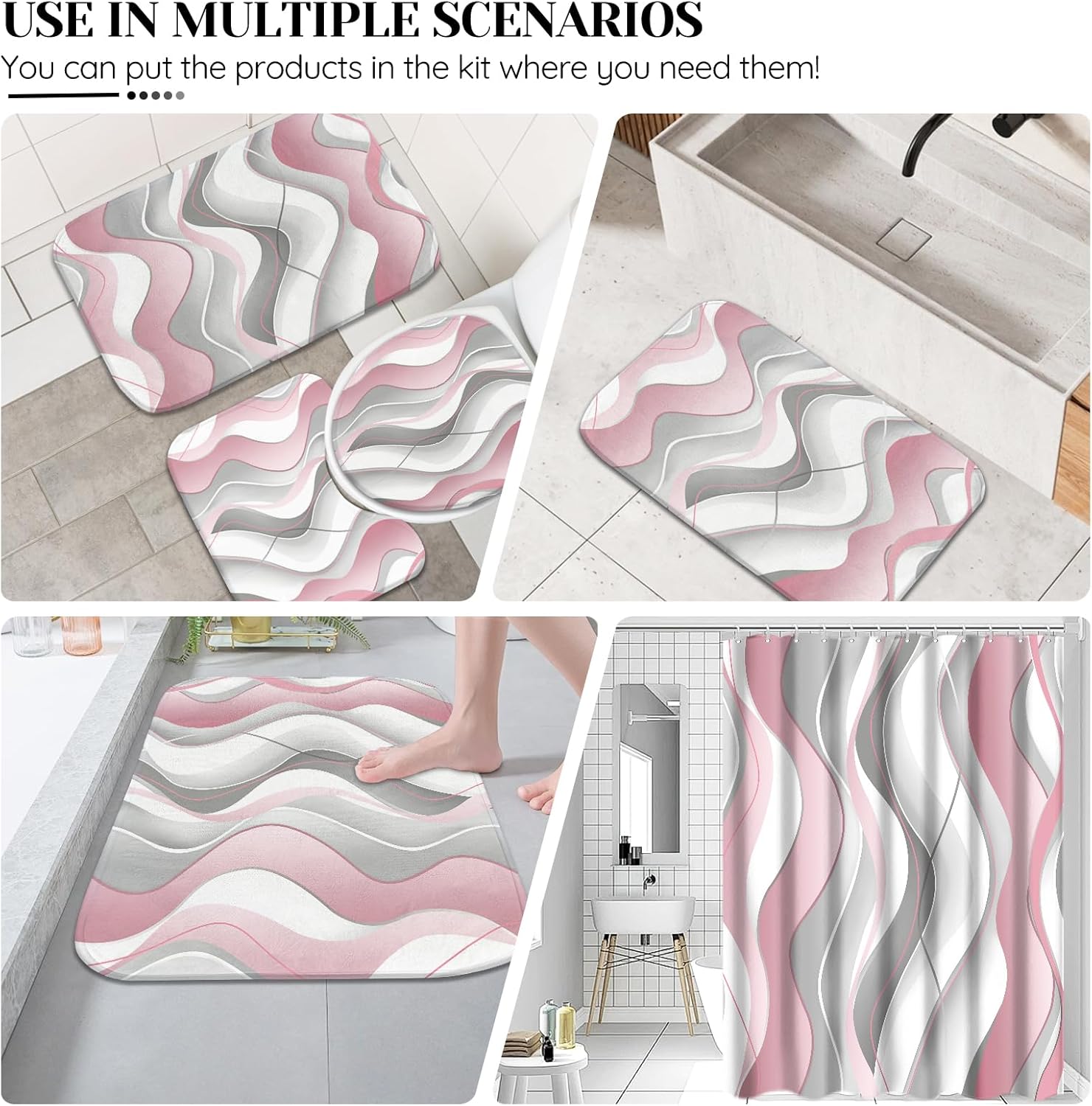 4 Pcs Pink and White Bathroom Sets with Shower Curtain and Rugs,Pink and Grey Shower Curtain Set with Bath Rugs,Modern Striped Bathroom Decor Set with 12 Hooks