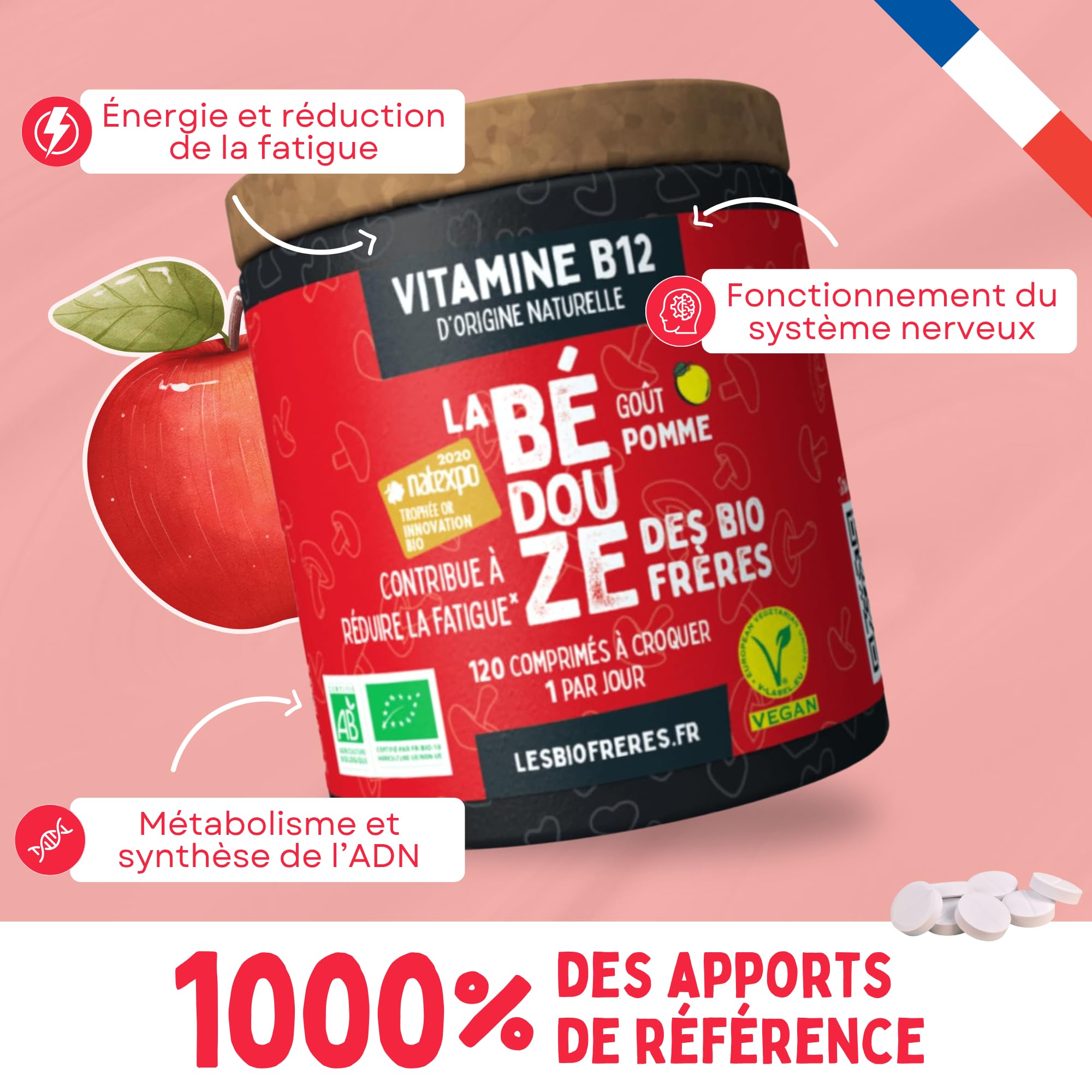 Vitamine B12 Bio Végane d’Origine Naturelle - Énergie, Vitalité & Réduction de la Fatigue - Système Nerveux & Immunitaire - Cure 4 Mois (120 Comprimés) (Pomme)