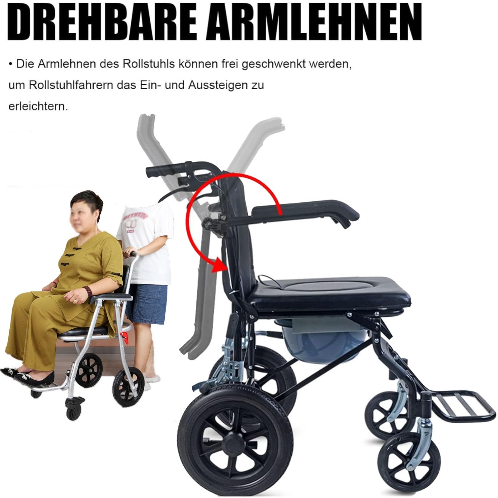 Silla de Ruedas Plegable Ligera, Silla de Ruedas Compacta para Viaje con Frenos Silla de Inodoro Impermeable con Ruedas Silla de Ruedas Extra Estrecha para Casa Viaje Plegable